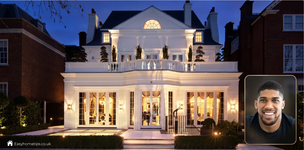 Luxury exterior view of the Anthony Joshua House showcasing modern architecture, elegant landscaping, and premium mansion design.