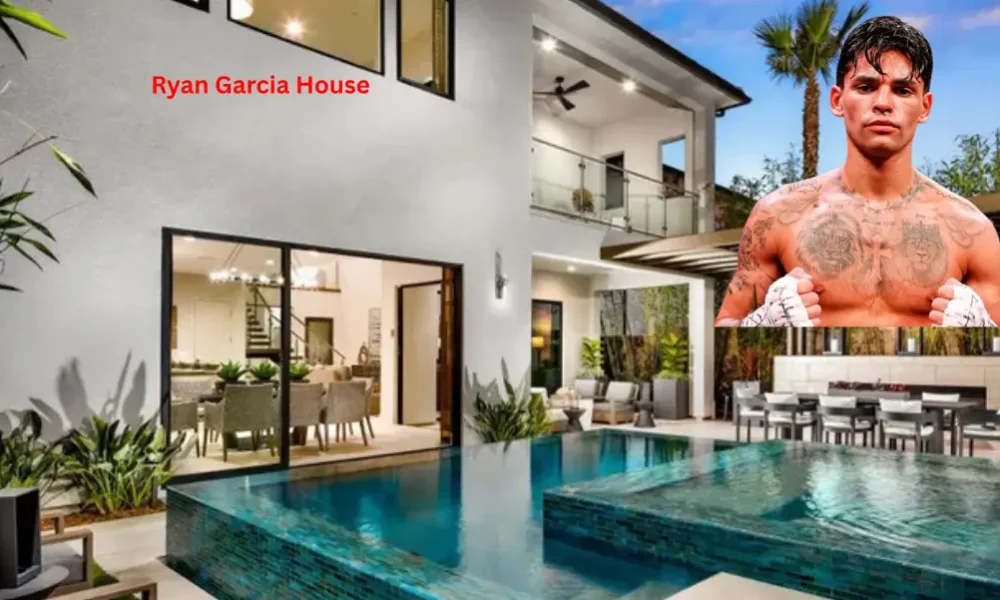 Ryan Garcia House featuring a modern luxury mansion exterior with elegant architecture, premium landscaping, and twilight lighting.