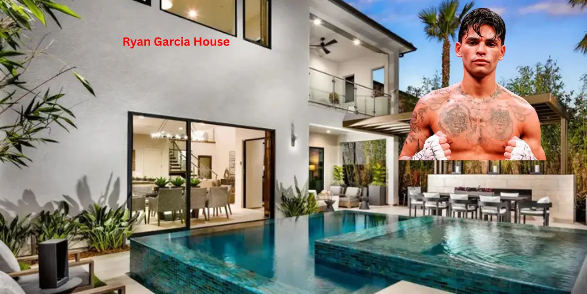Ryan Garcia House featuring a modern luxury mansion exterior with elegant architecture, premium landscaping, and twilight lighting.