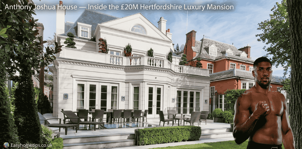 A stunning modern luxury house exterior showcasing sleek architecture and elegant design, offering a glimpse inside the Anthony Joshua house.