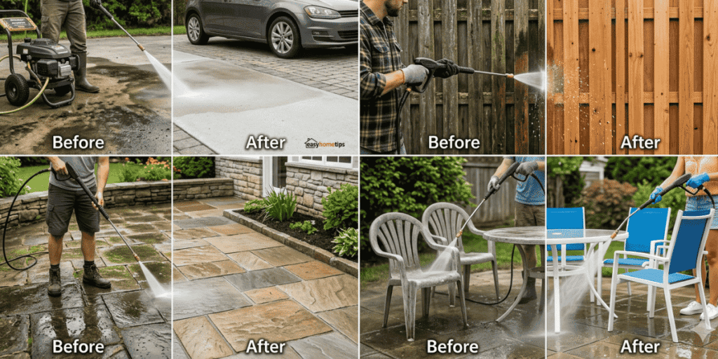 Different home surfaces cleaned using a pressure washer
