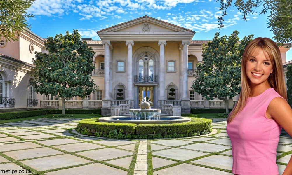 Aerial view of Britney Spears house in Calabasas, California, surrounded by lush landscaping and gated community walls.