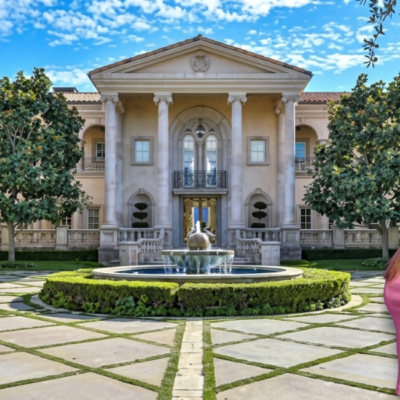Aerial view of Britney Spears house in Calabasas, California, surrounded by lush landscaping and gated community walls.