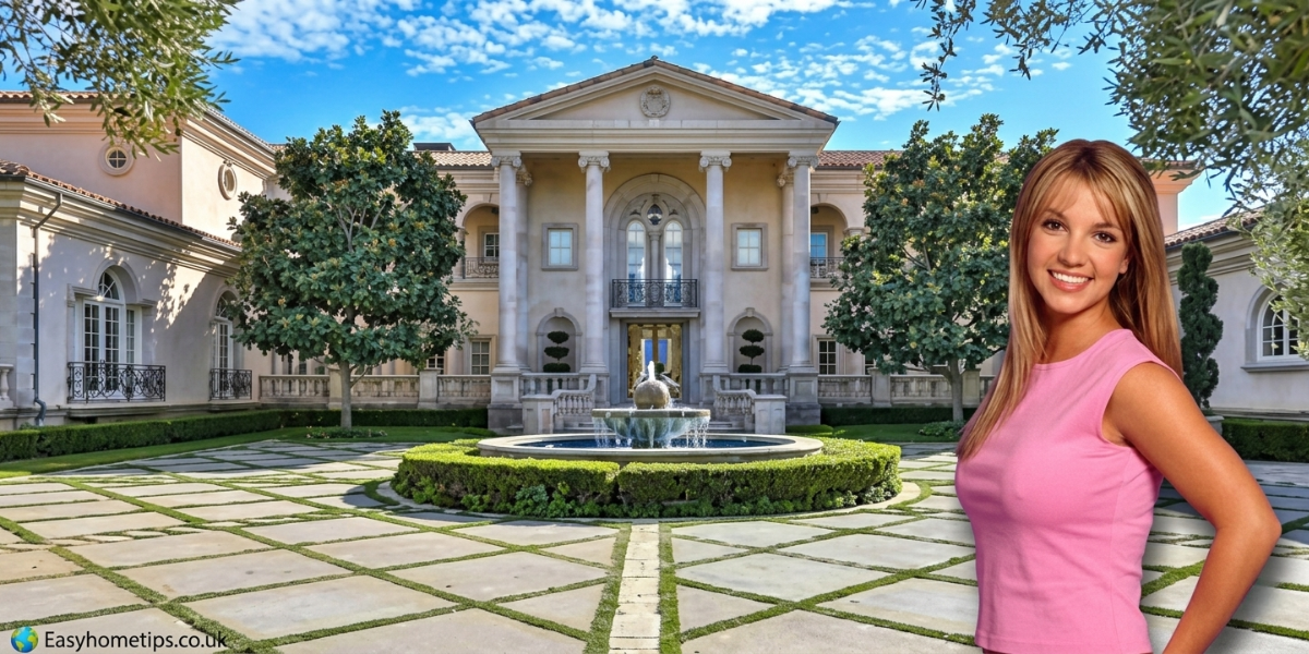 Aerial view of Britney Spears house in Calabasas, California, surrounded by lush landscaping and gated community walls.