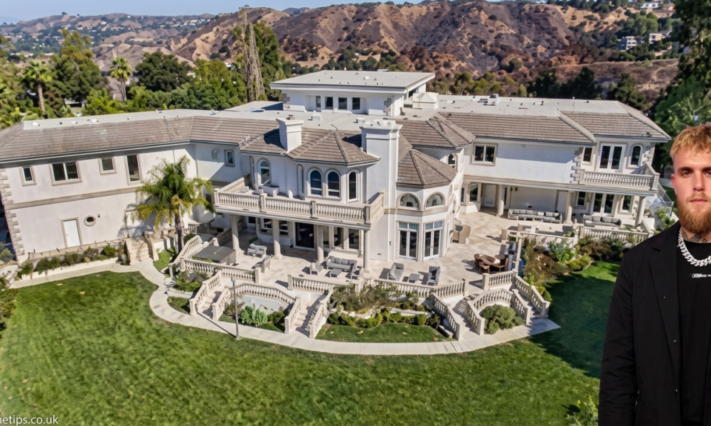 Striking Jake Paul House exterior featuring clean modern lines, expansive glass panels, and a manicured courtyard