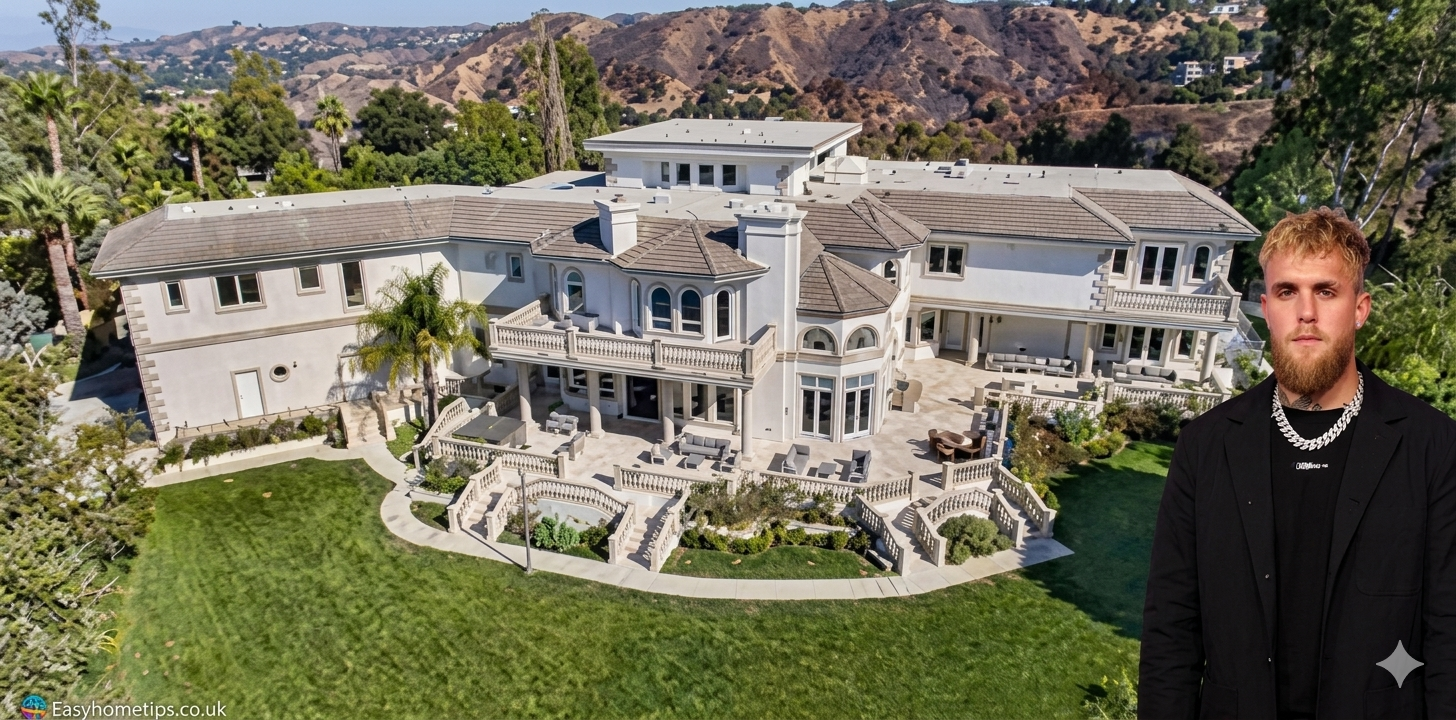 Striking Jake Paul House exterior featuring clean modern lines, expansive glass panels, and a manicured courtyard