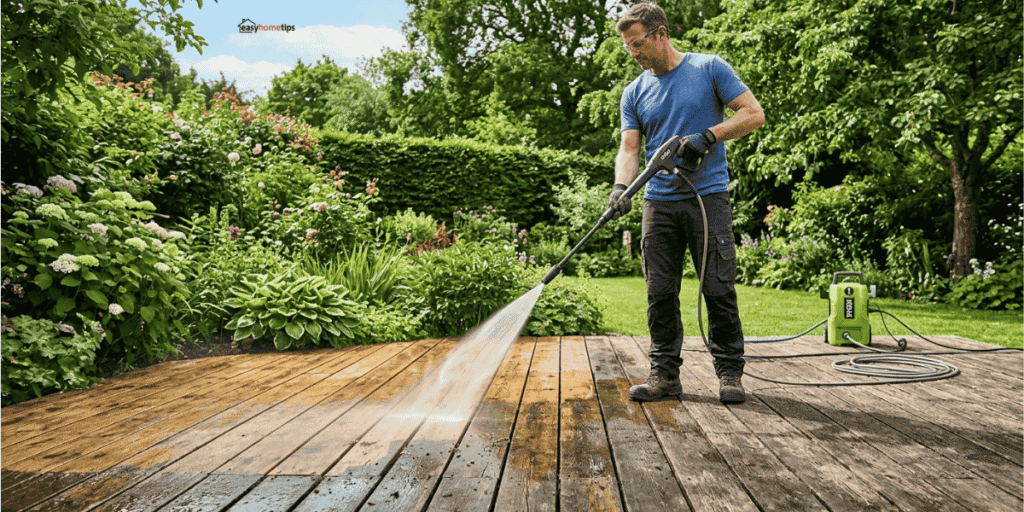 Safe pressure washing technique on wooden decking
