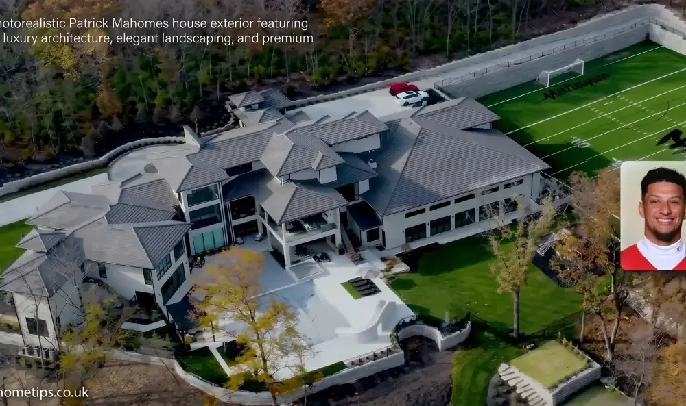 Ultra-photorealistic Patrick Mahomes house exterior featuring modern luxury architecture, elegant landscaping, and premium design.