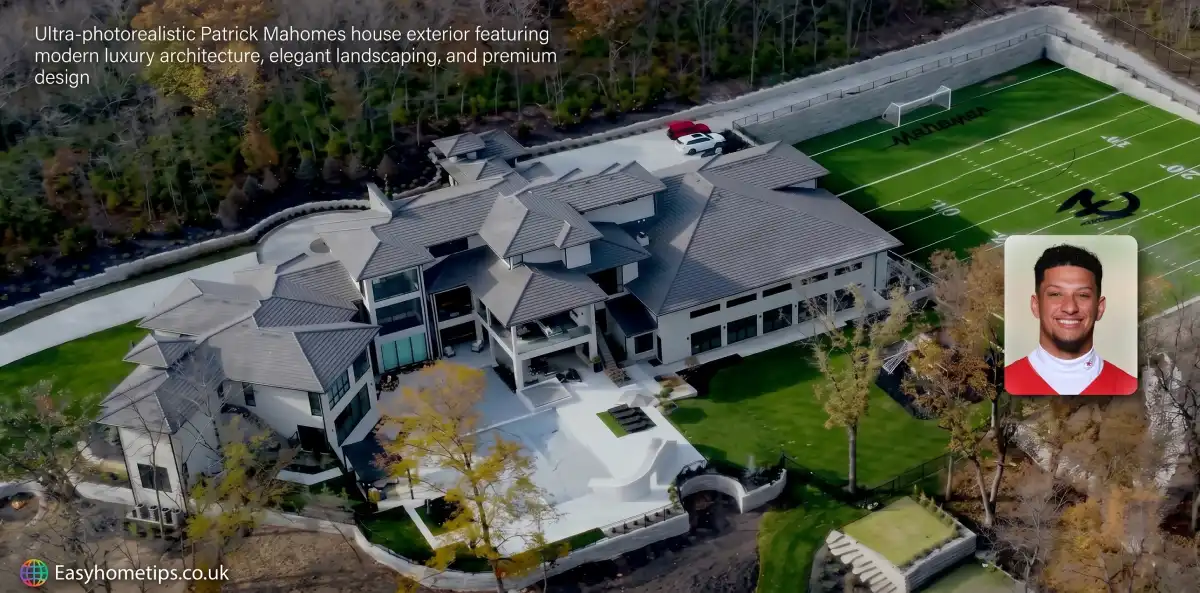Ultra-photorealistic Patrick Mahomes house exterior featuring modern luxury architecture, elegant landscaping, and premium design.
