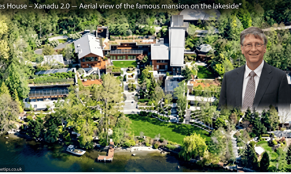Aerial view of Bill Gates house, Xanadu 2.0, on the shores of Lake Washington in Medina, Washington