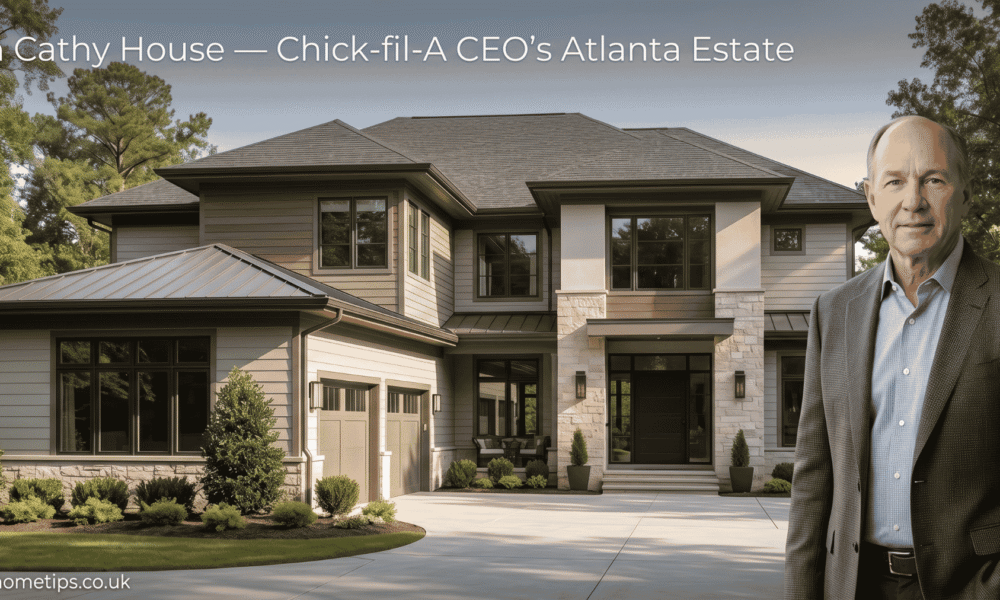 A stunning modern luxury house exterior with sleek architecture, inspired by the design of Dan Cathy’s house, showcasing elegance and style.
