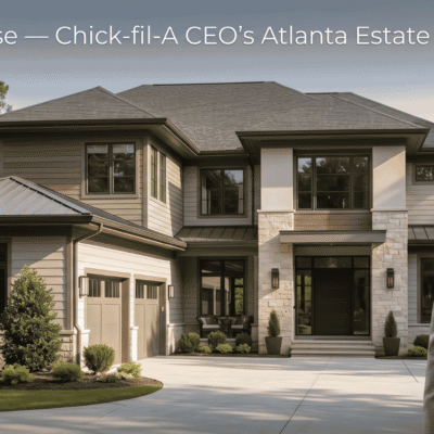A stunning modern luxury house exterior with sleek architecture, inspired by the design of Dan Cathy’s house, showcasing elegance and style.