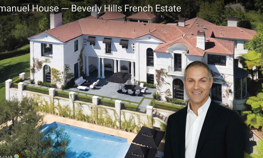 Exterior view of the Ari Emanuel house, a French-style mansion in Beverly Hills, California