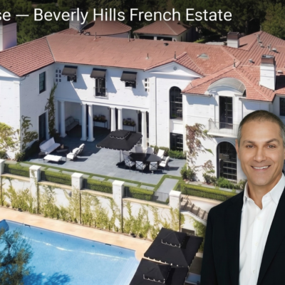 Exterior view of the Ari Emanuel house, a French-style mansion in Beverly Hills, California