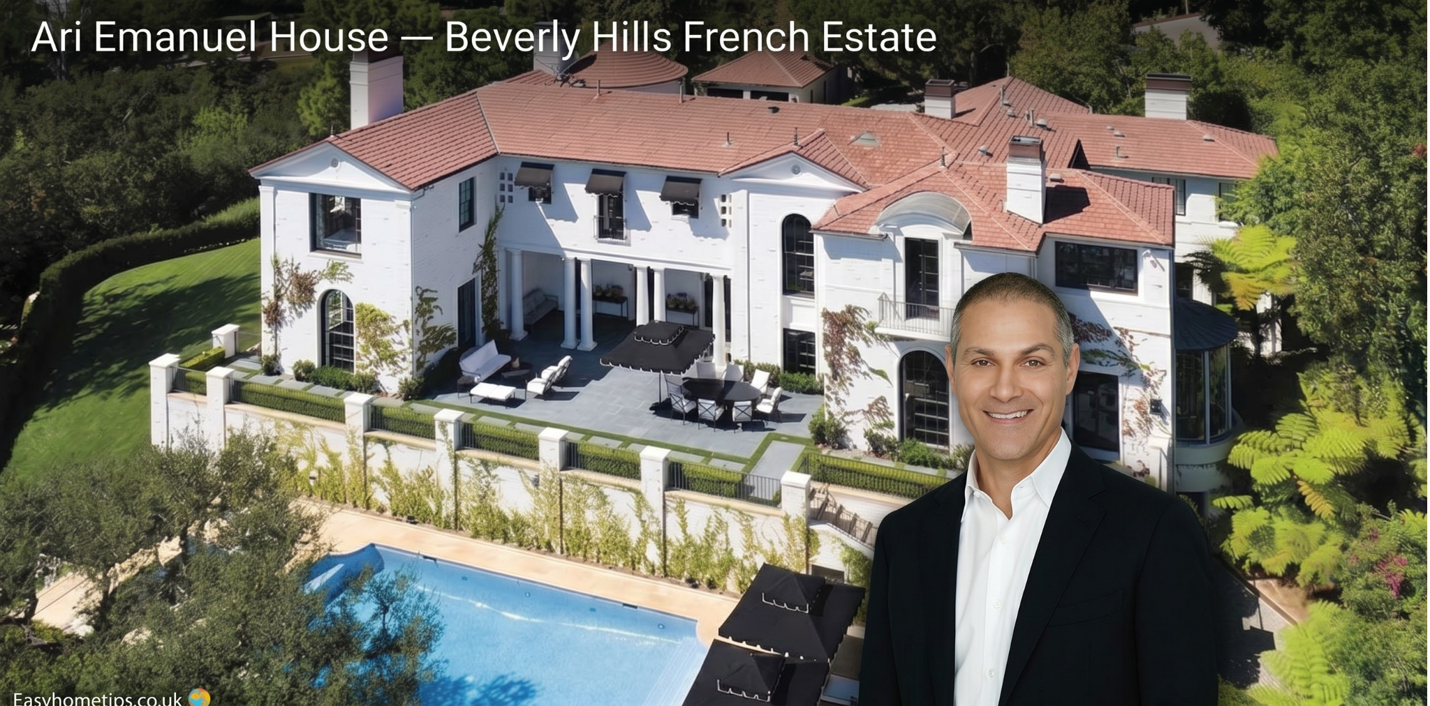 Exterior view of the Ari Emanuel house, a French-style mansion in Beverly Hills, California