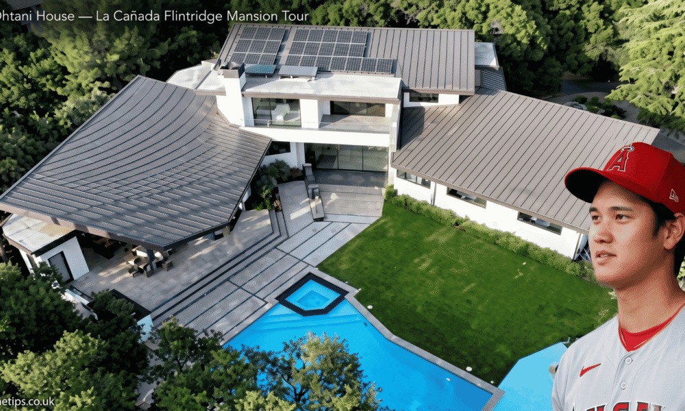 Exterior view of Shohei Ohtani house in La Cañada Flintridge California with mid-century modern design and mature oak trees
