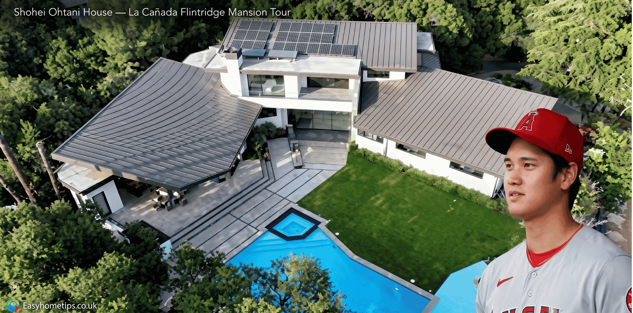 Exterior view of Shohei Ohtani house in La Cañada Flintridge California with mid-century modern design and mature oak trees