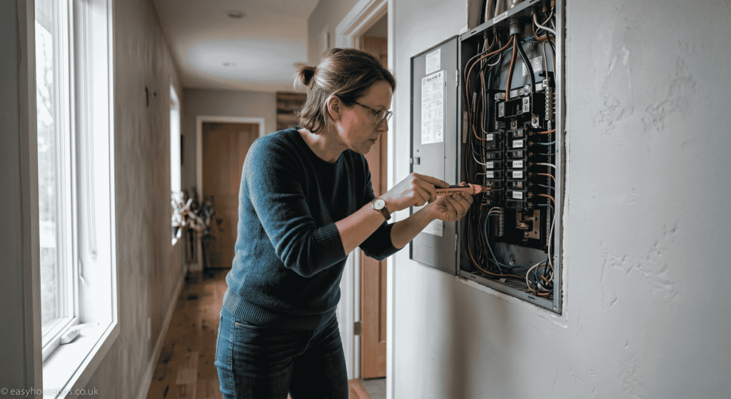 homeowner inspecting electrical panel safely DIY electrical repairs