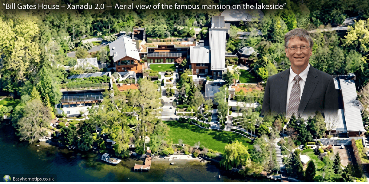 Aerial view of Bill Gates house, Xanadu 2.0, on the shores of Lake Washington in Medina, Washington