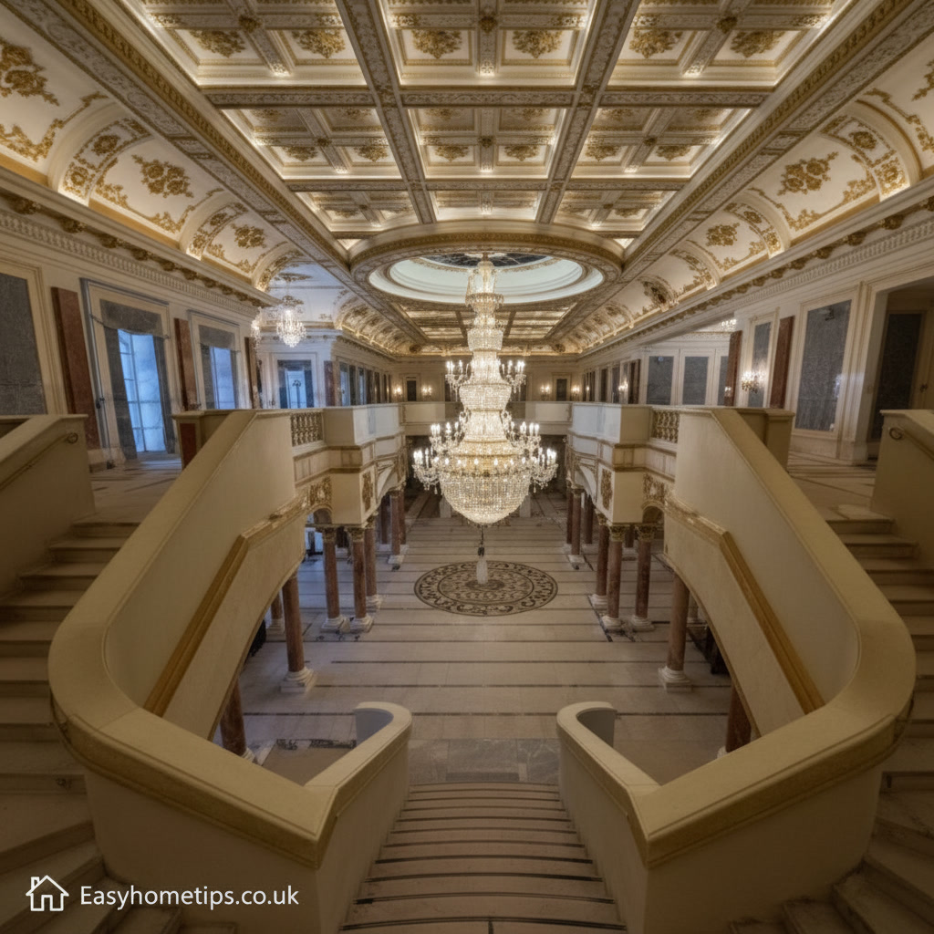 Inside the Queen of Versailles House detailed view of the gold-trimmed grand staircase and chandelier in the main living room