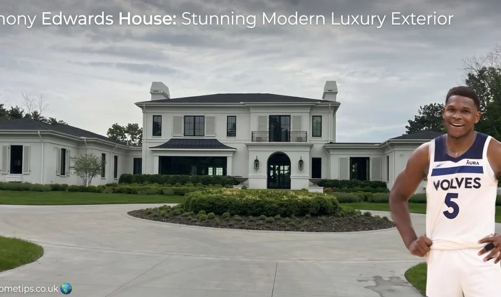 The beautiful exterior of the sprawling Anthony Edwards House, featuring modern-classic design, white stucco, and a circular driveway.
