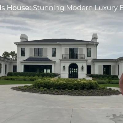 The beautiful exterior of the sprawling Anthony Edwards House, featuring modern-classic design, white stucco, and a circular driveway.