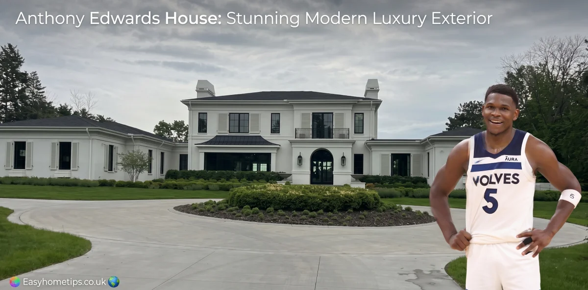 Anthony Edwards House: 7 Stunning Facts About the NBA Star’s Incredible Minnesota Mansion You Never Knew The beautiful exterior of the sprawling Anthony Edwards House, featuring modern-classic design, white stucco, and a circular driveway.