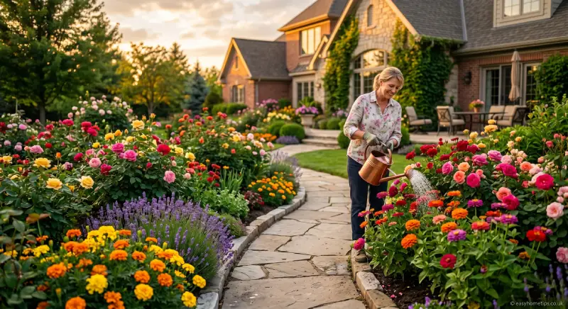 How to create a flower garden with colorful blooming flowers and modern backyard landscaping