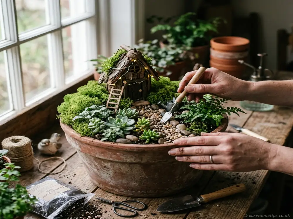 DIY fairy garden step by step with miniature plants and fairy house