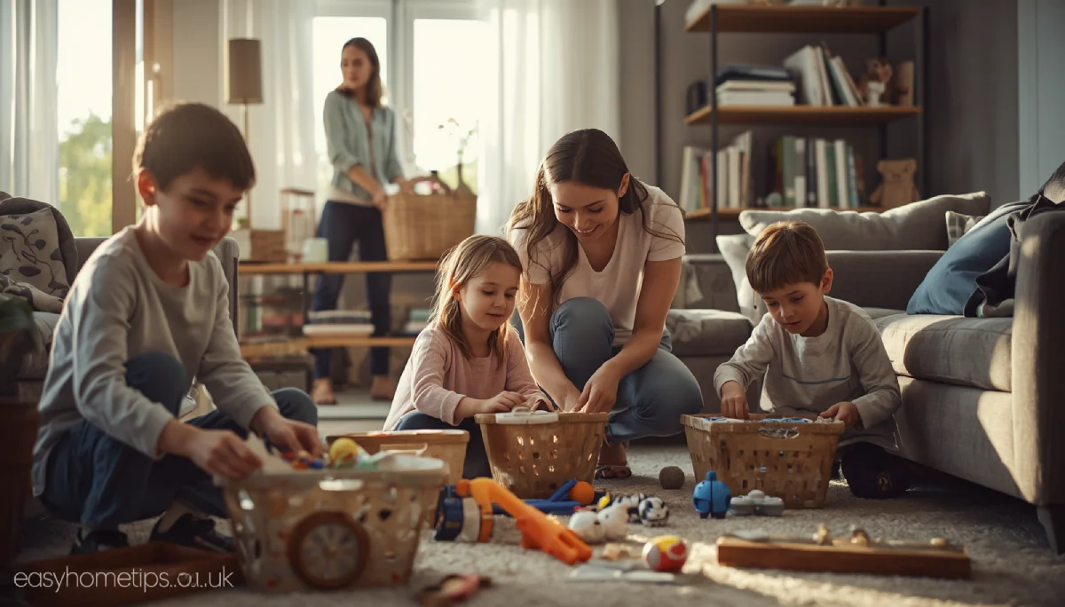 Busy family following a practical house cleaning routine together in a modern home