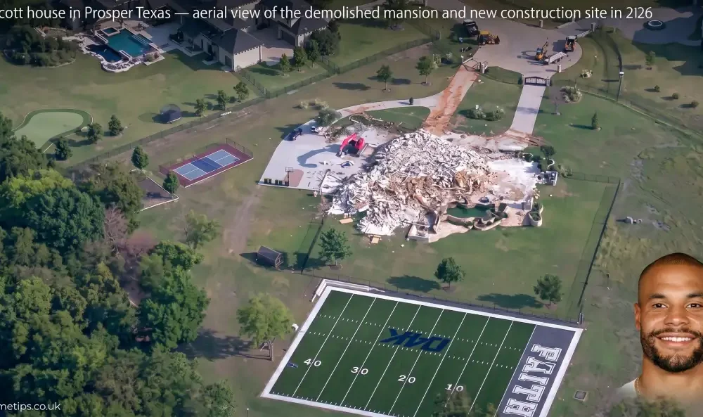 Dak Prescott house in Prosper Texas — aerial view of the demolished mansion and new construction site in 2026