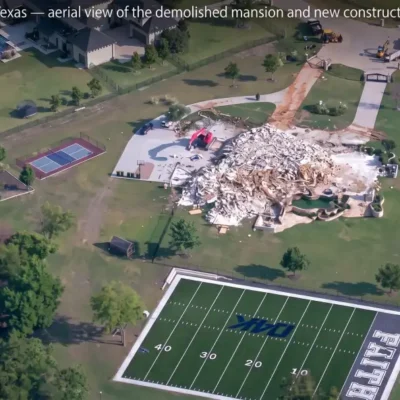 Dak Prescott house in Prosper Texas — aerial view of the demolished mansion and new construction site in 2026