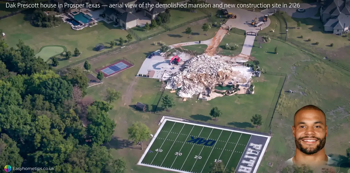 Dak Prescott house in Prosper Texas — aerial view of the demolished mansion and new construction site in 2026