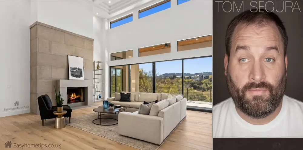 Elegant modern luxury house exterior showcasing the impressive scale and sophisticated design of the Tom Segura residence. This stunning property highlights luxury amenities inside the Tom Segura House, from expansive outdoor living areas to high-end architectural details.