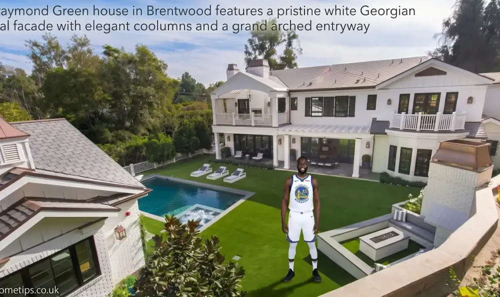 Modern exterior view of the Draymond Green House featuring luxury architecture, large glass windows, and elegant landscaping.