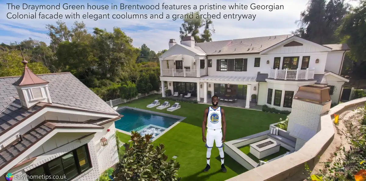 Modern exterior view of the Draymond Green House featuring luxury architecture, large glass windows, and elegant landscaping.