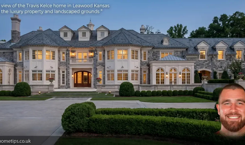 Exterior view of the Travis Kelce home in Leawood Kansas showing the luxury property and landscaped grounds