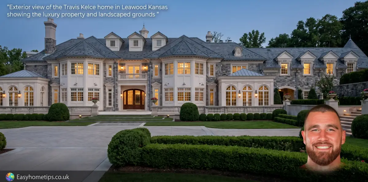 Exterior view of the Travis Kelce home in Leawood Kansas showing the luxury property and landscaped grounds