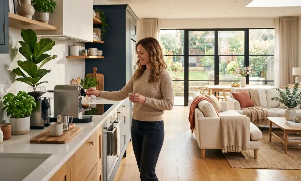 Woman following a house cleaning routine in a bright kitchen