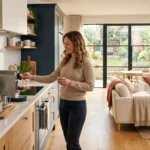 Woman following a house cleaning routine in a bright kitchen