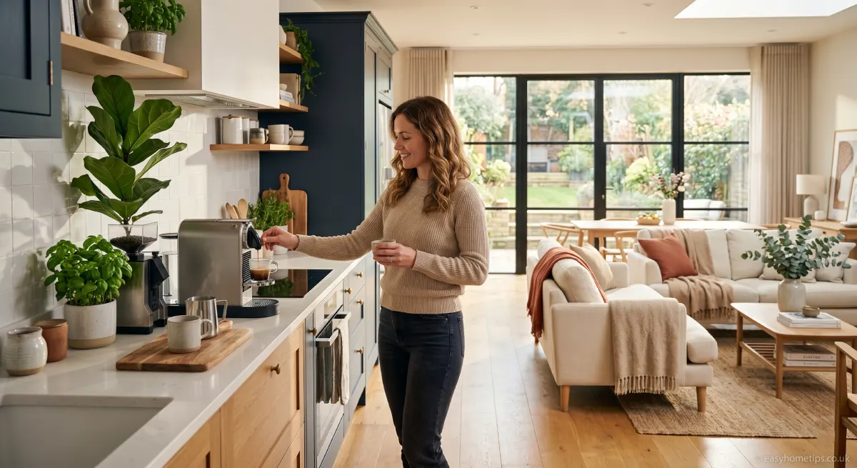 Woman following a house cleaning routine in a bright kitchen