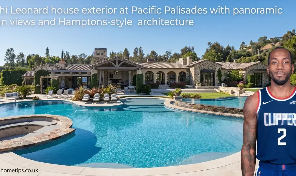Kawhi Leonard house exterior at Pacific Palisades with panoramic ocean views and Hamptons-style architecture
