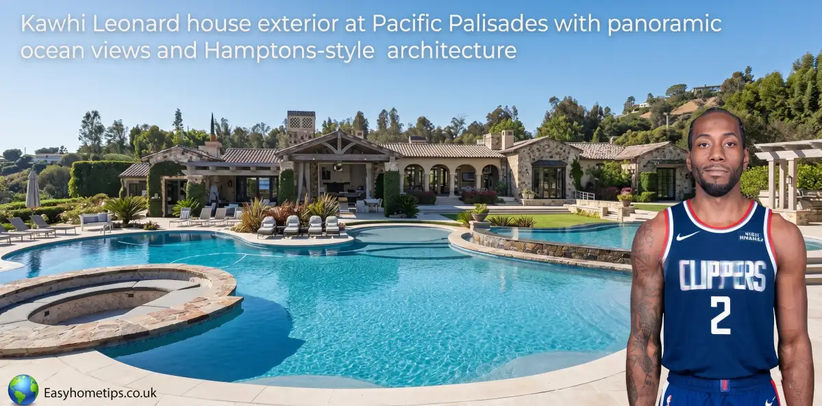 Kawhi Leonard house exterior at Pacific Palisades with panoramic ocean views and Hamptons-style architecture