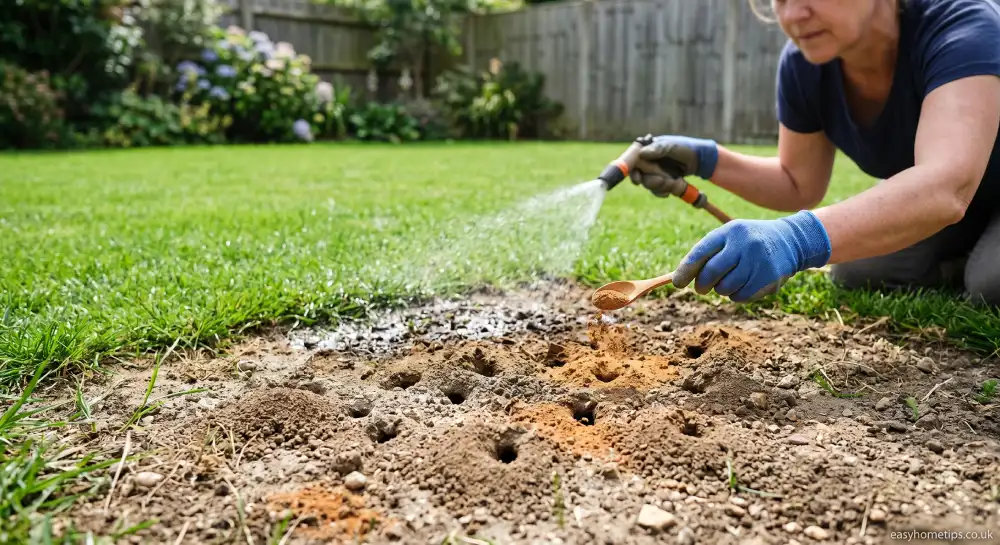 Natural ways to get rid of ground bees using water and cinnamon in a residential lawn