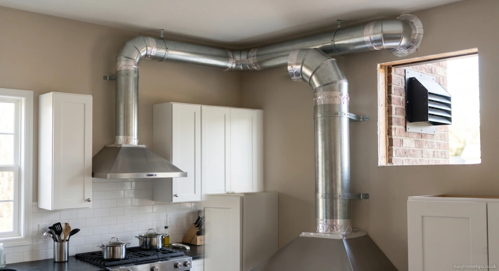 Range hood duct installation with rigid metal duct and exterior vent