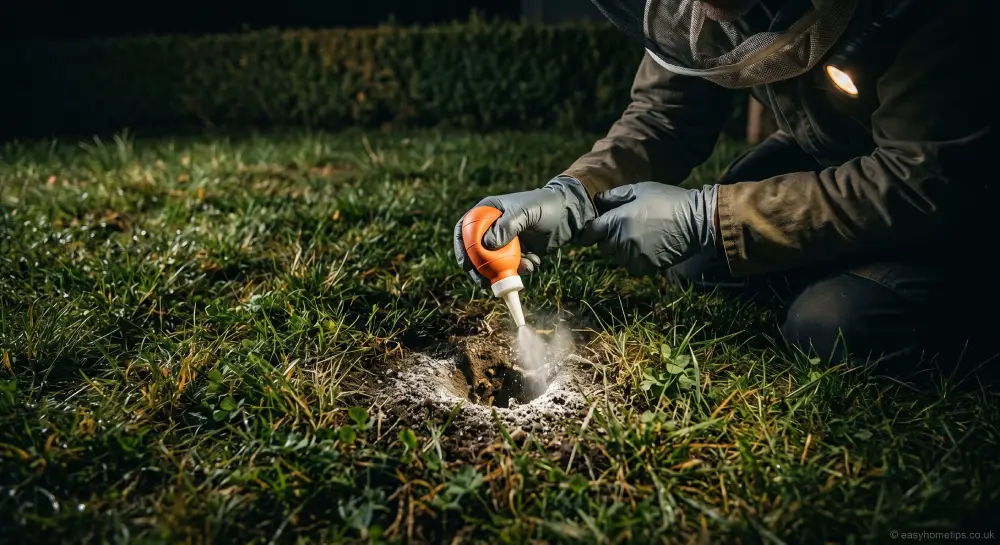Applying insecticide dust to kill ground bees and eliminate an underground bee nest safely