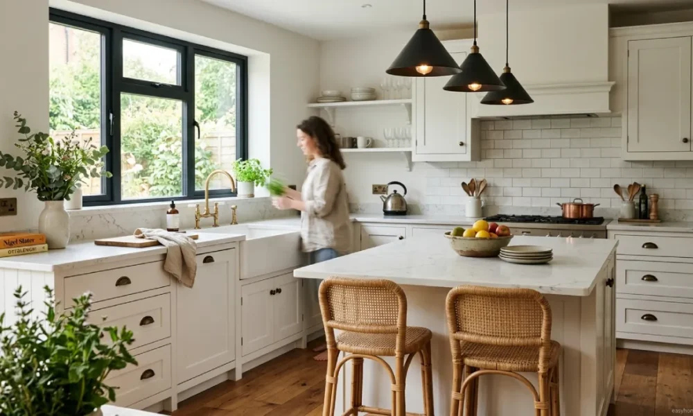 Elegant timeless kitchen design featuring white shaker cabinets, brass fixtures, and marble countertops in a bright modern home