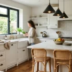 Elegant timeless kitchen design featuring white shaker cabinets, brass fixtures, and marble countertops in a bright modern home