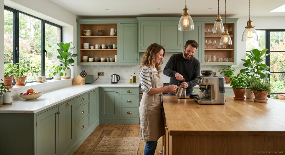 Sage green kitchen cabinets with modern farmhouse interior design inspiration