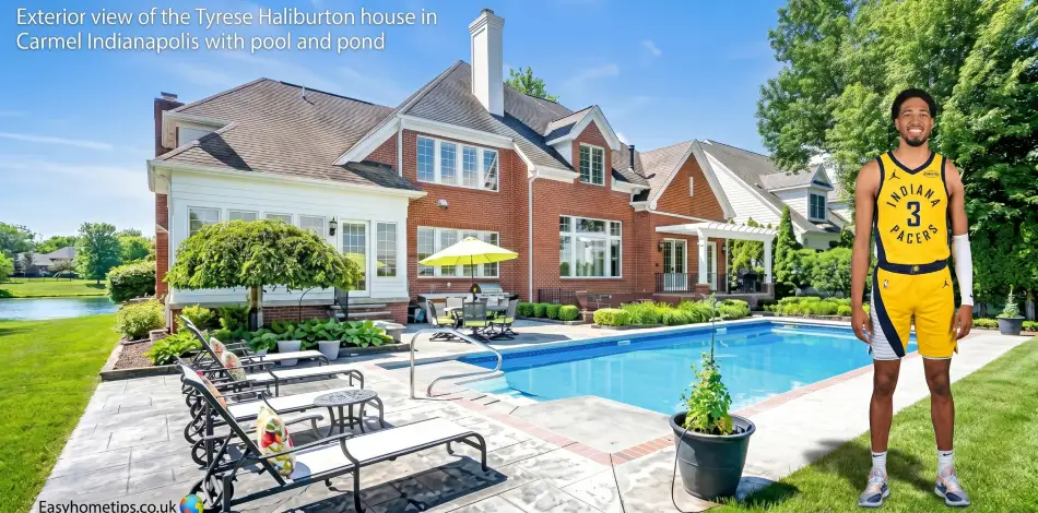 Exterior view of the Tyrese Haliburton house in Carmel Indianapolis with pool and pond